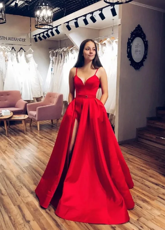 Grand Opening Sale Red Satin A-line V-neck Spaghetti Straps Long Prom Dress with Slit JKQ106