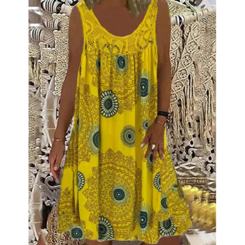 Now or Never A-Line Vintage Print Loose Pullover Round Neck Casual Lace Panel Midi Dress