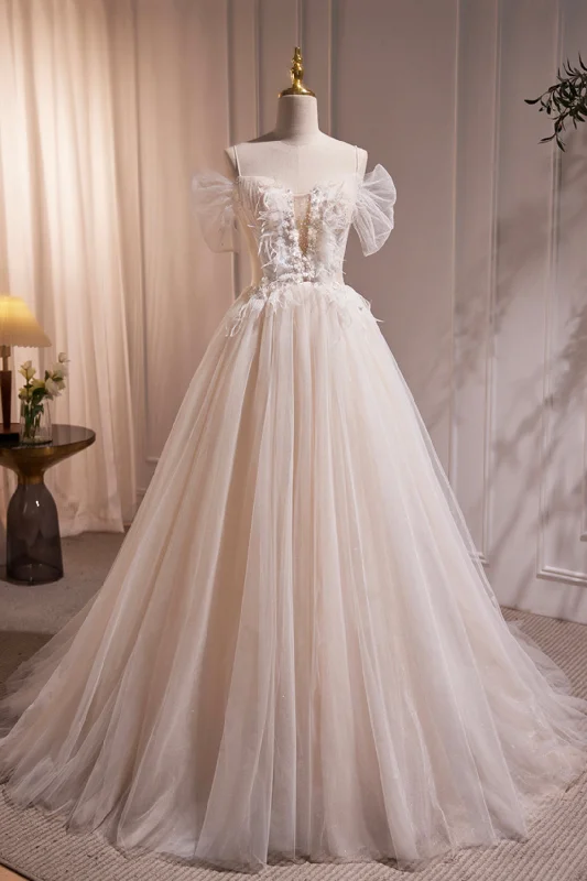 Extra Discounts Light Champagne Tulle Long Prom Dress with Feather, Beautiful Evening Party Dress