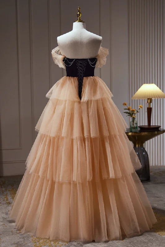 Amazing Deals Champagne Off The Shoulder Evening Gown A Line Tulle Long Prom Dresses