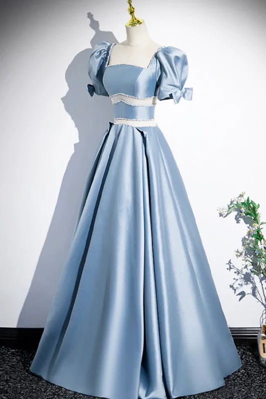 Early Access Blue Satin Long Prom Dress, A-Line Short Sleeve Blue Evening Dress