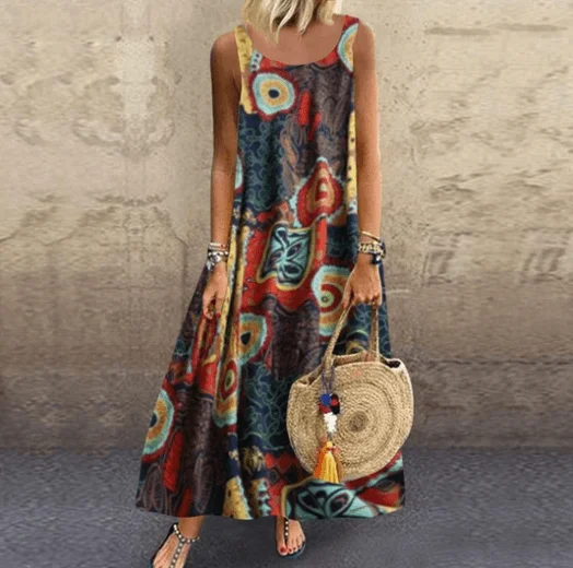 Exclusive Savings casual slip dressNational style retro print dress