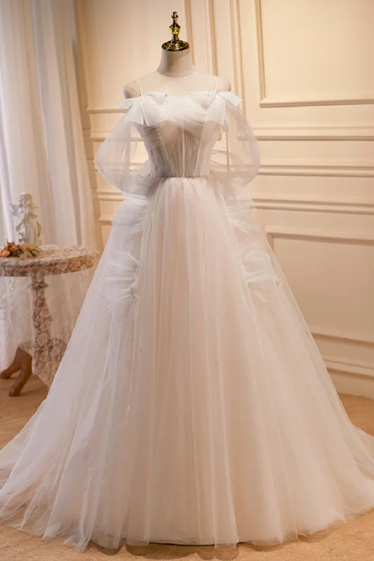 Overstock Sale Champagne Tulle Long A-Line Prom Dress, Cute Evening Dress with Bow