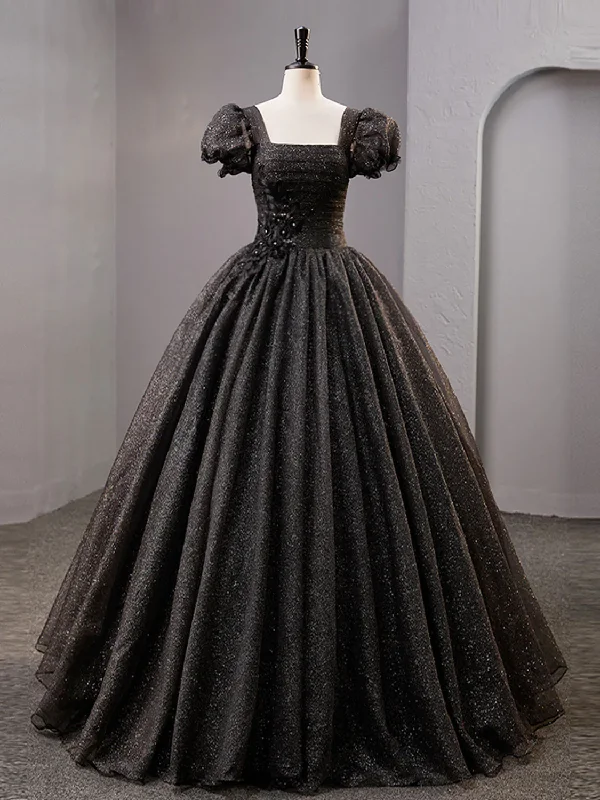 Savings Galore pleated dressBlack Square Neckline Tulle Long Prom Dress, Shiny Black Evening Dresses Y4386