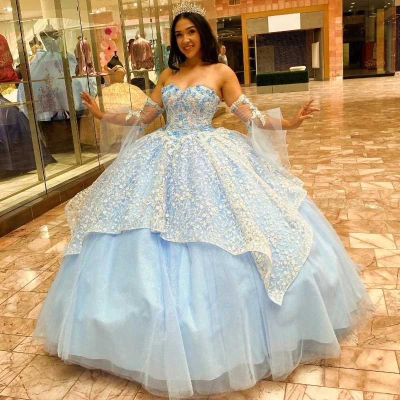 Sky Blue Quinceanera Dresses For Sweet 16 Princess Gown Applique Lace Beading Birthday Party Prom Dresses Vestido De 15Anos