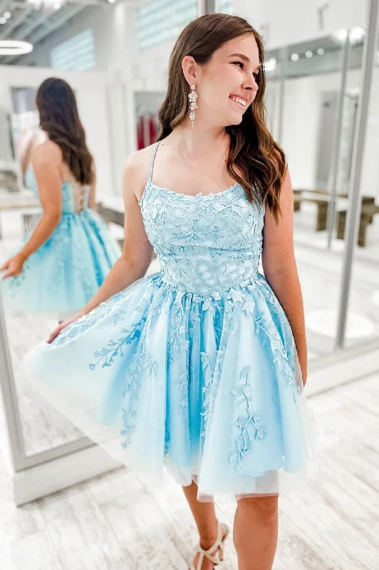Seasonal Sale Blue Spaghetti Strap Lace Short Prom Dress, A-Line Backless Evening Party Dress Seasonal Sale Blue Spaghetti Strap Lace Short Prom Dress, A-Line Backless Evening Party Dress