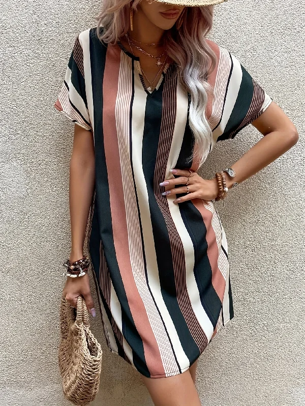 Take Advantage Striped Notched Neck Dress, Casual Short Sleeve Dress