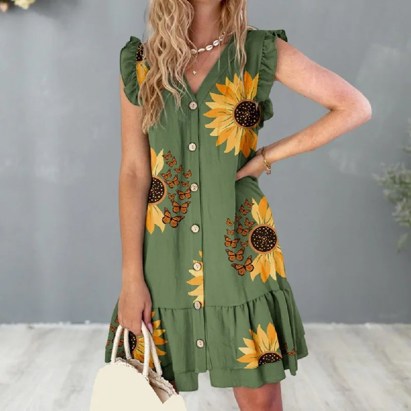 Seasonal Clearance Elegant V Neck Lace Up Printed Short Sleeve Ruffle Design Flower Mini Dress