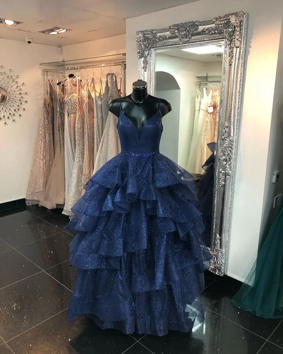 Unmissable Offer casual evening dressV Neck Backless Dark Navy Long Prom Dresses, Backless Dark Navy Formal Dresses Y5853