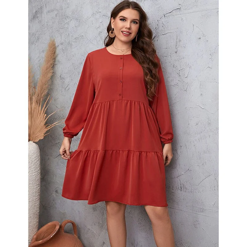 BerriesJam - Long Sleeve Casual Solid Ruffles Midi Elegant Party Dress