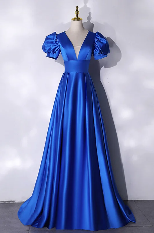 New Markdowns Blue V-Neck Satin Long Prom Dress, Elegant A-Line Evening Party Dress