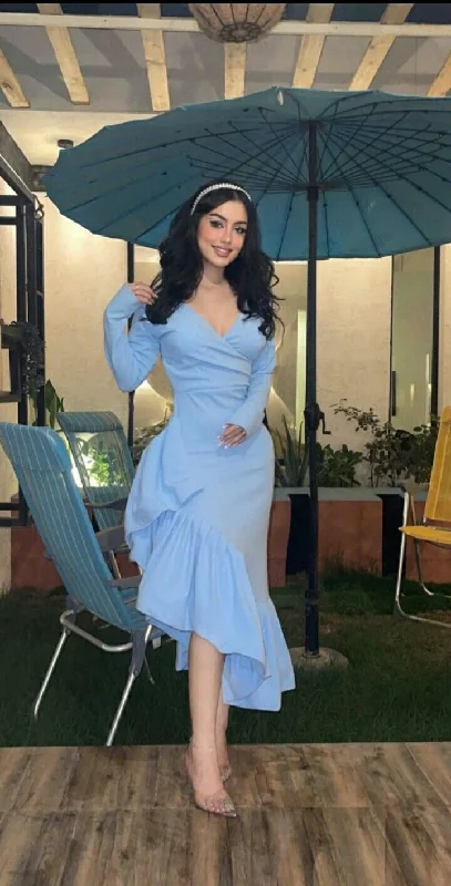 Mermaid Light Blue Women's Prom Dresses V Neck Long Sleeves Formal Occasion Dress Temperament Evening Dress Y4764