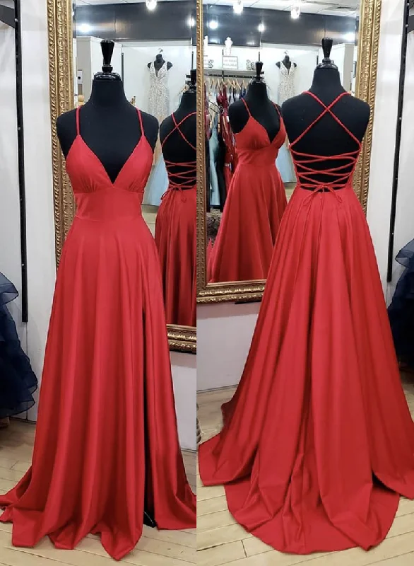 Massive Deals Red Spaghetti Strap V-Neck Satin Long Prom Dress, Simple Backless Evening Dress
