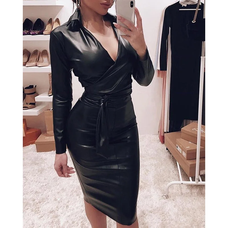 Unbeatable Prices statement dressBodycon Women Sashes PU Leather Dress
