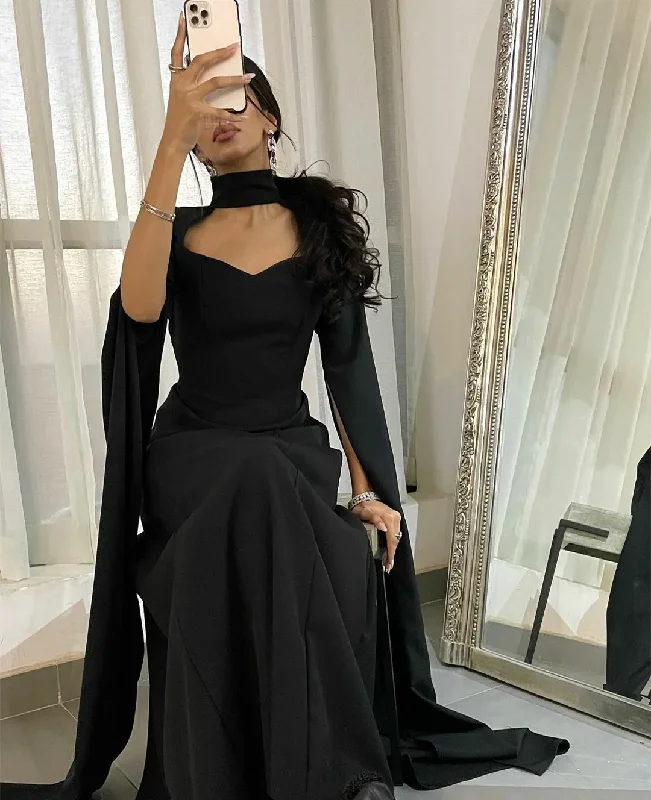 Elegant High Neck Sweetheart Neckline Floor Length Black Crepe Long Evening Dress  Y4853