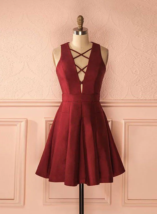 Weekend Special Cute A-Line Burgundy Satin Short Prom Dress, Burgundy Evening Party Dress