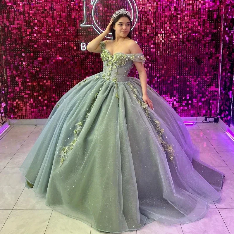 Sparkly Green Off The Shoulder Quinceanera Dresses Applique Lace Beads Tull Ball Gown Princess Dress vestidos 15 de quinceañera