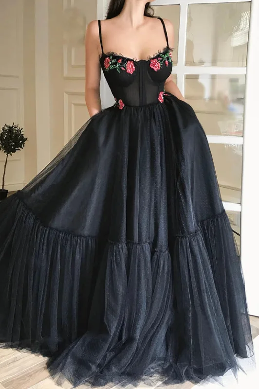 Daily Deals Black Spaghetti Strap Tulle Lace Long Prom Dress, Black Evening Dress