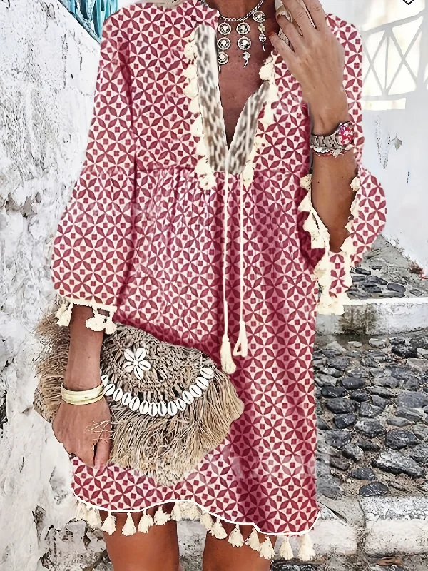 Value Deals Retro Print Boho Dress, V Neck Tassels Casual Dress