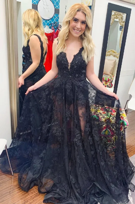 Must-Have Deals Black V-Neck Tulle Lace Long Prom Dress