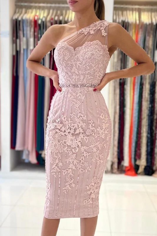 Price Smash Pink One Shoulder Lace Short Prom Dress