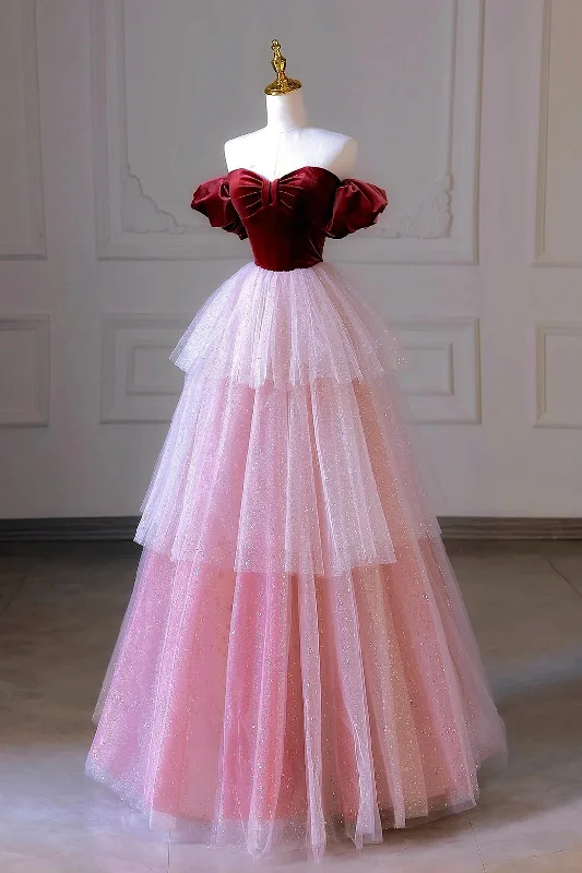 Online Only Burgundy Velvet and Pink Tulle Long Prom Dress, Off the Shoulder Evening Dress Online Only Burgundy Velvet and Pink Tulle Long Prom Dress, Off the Shoulder Evening Dress
