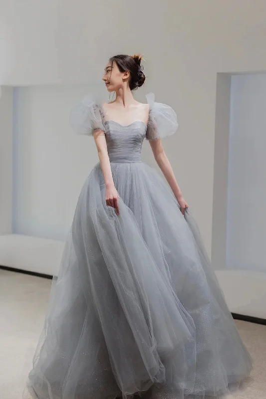 New Deals Gray Tulle Floor Length Prom Dress, Beautiful A-Line Short Sleeve Evening Dress New Deals Gray Tulle Floor Length Prom Dress, Beautiful A-Line Short Sleeve Evening Dress