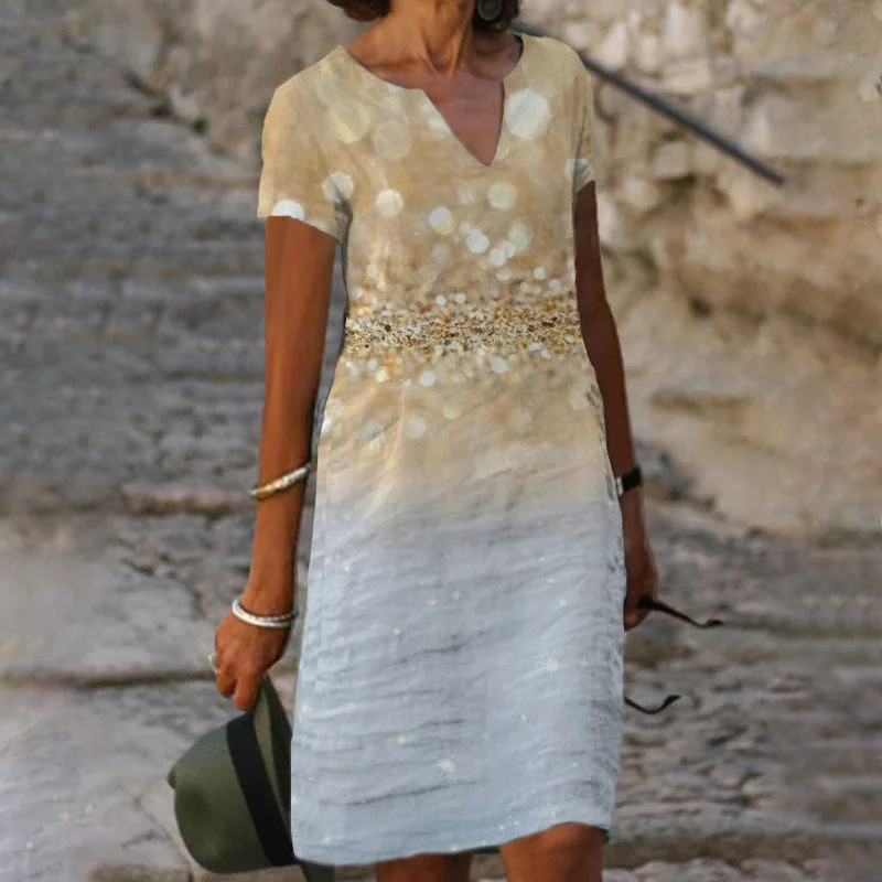 Major Savings Loose Print Elegant V-neck Short Sleeve Knee-length Midi Dress