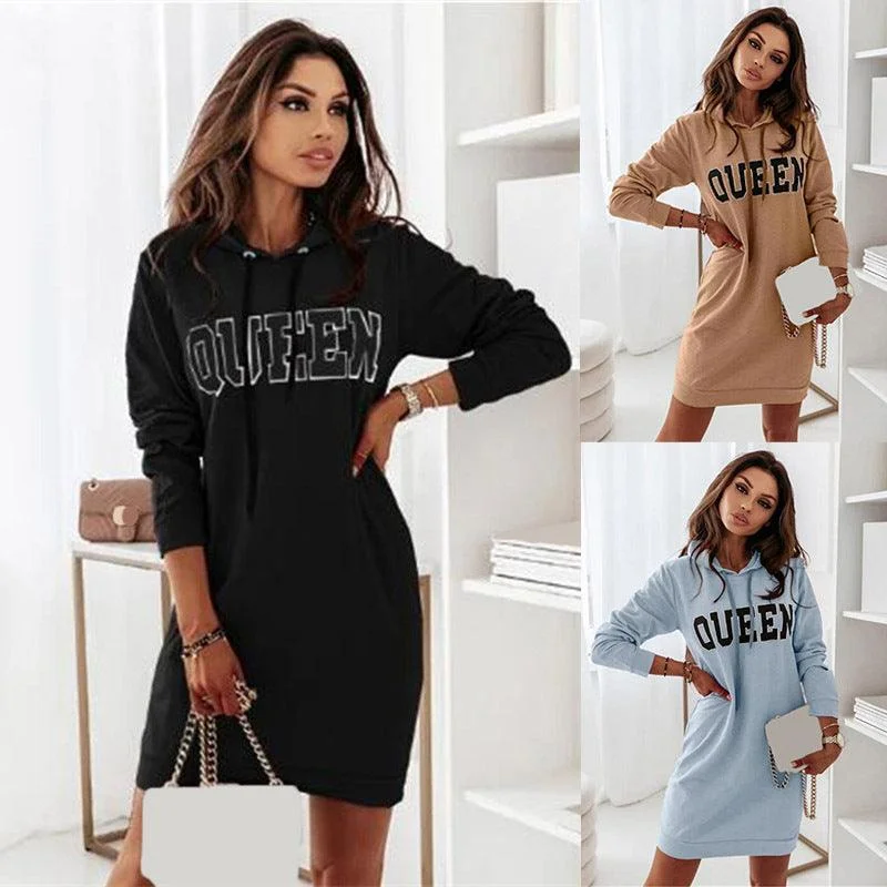 Daily Deals elegant shift dressLong Sleeve Hooded Letter Sports Casual Dress