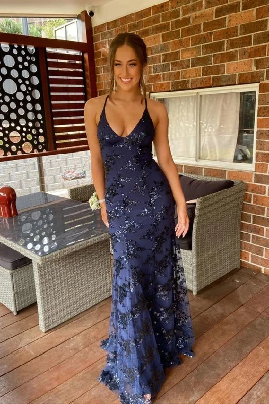 Can't Miss cocktail party dressNavy blue mermaid tulle and sequins long formal prom dress with v neckline and lace up back Y5221 Can't Miss cocktail party dressNavy blue mermaid tulle and sequins long formal prom dress with v neckline and lace up back Y5221