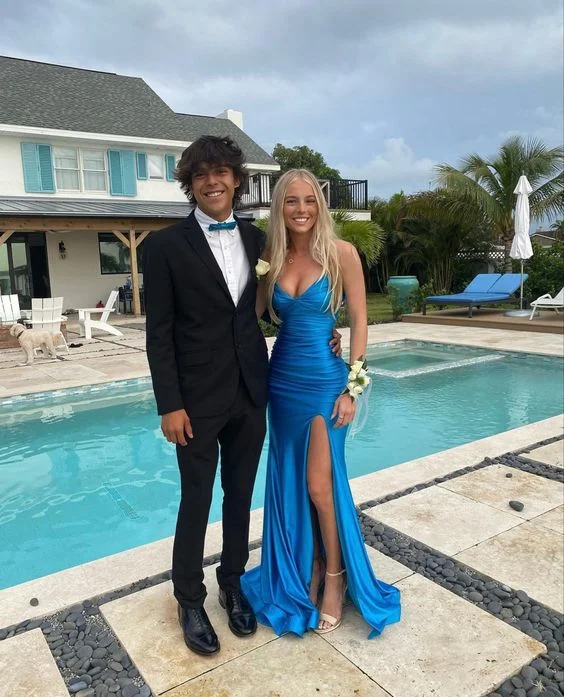 Early Bird Discount flowy maxi dressElegant Blue V Neck Prom Dress With Split,Blue Formal Dress Y5894
