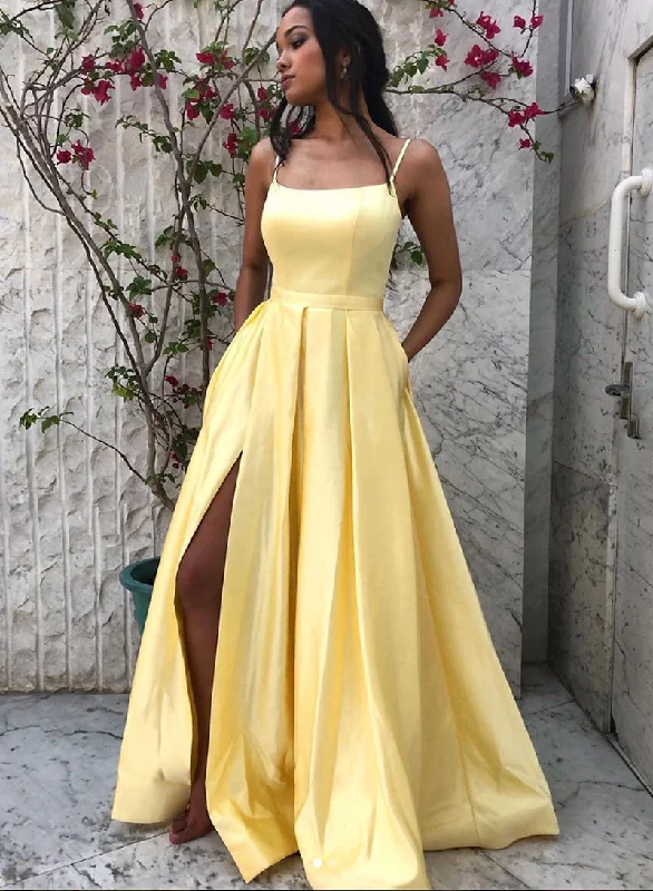 Big Discounts Yellow Satin Long Prom Dress, Simple A-Line Evening Dress with Slit