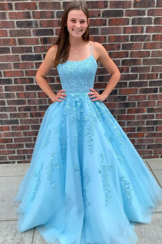 Today Only Blue Spaghetti Strap Tulle Long Prom Dress with Lace