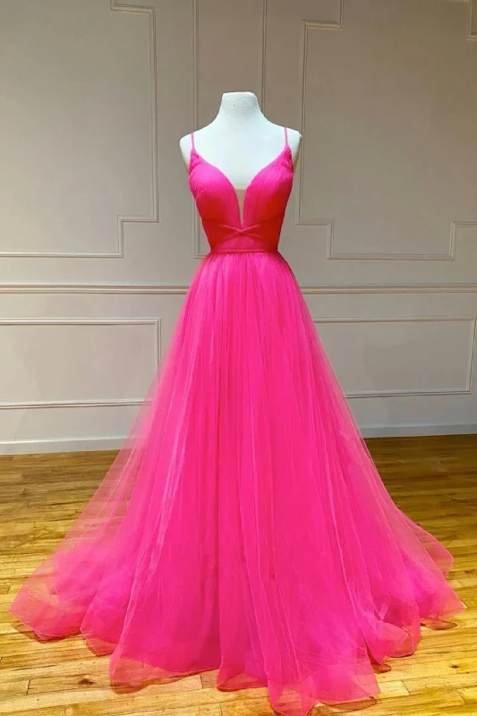 Deep Discounts Hot Pink Tulle Long Prom Dress, Beautiful A-Line Backless Evening Dress