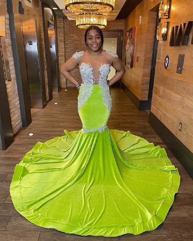 Sexy Backless Black Girls Mermaid Prom Dresses Limen Green Velvet Lace Applique Women Party Dress vestido de fiesta de boda