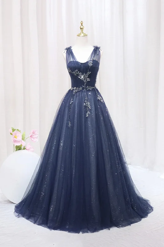Great Deals Blue Tulle Beaded Long Prom Dress, Blue A-Line Sweetheart Evening Party Dress