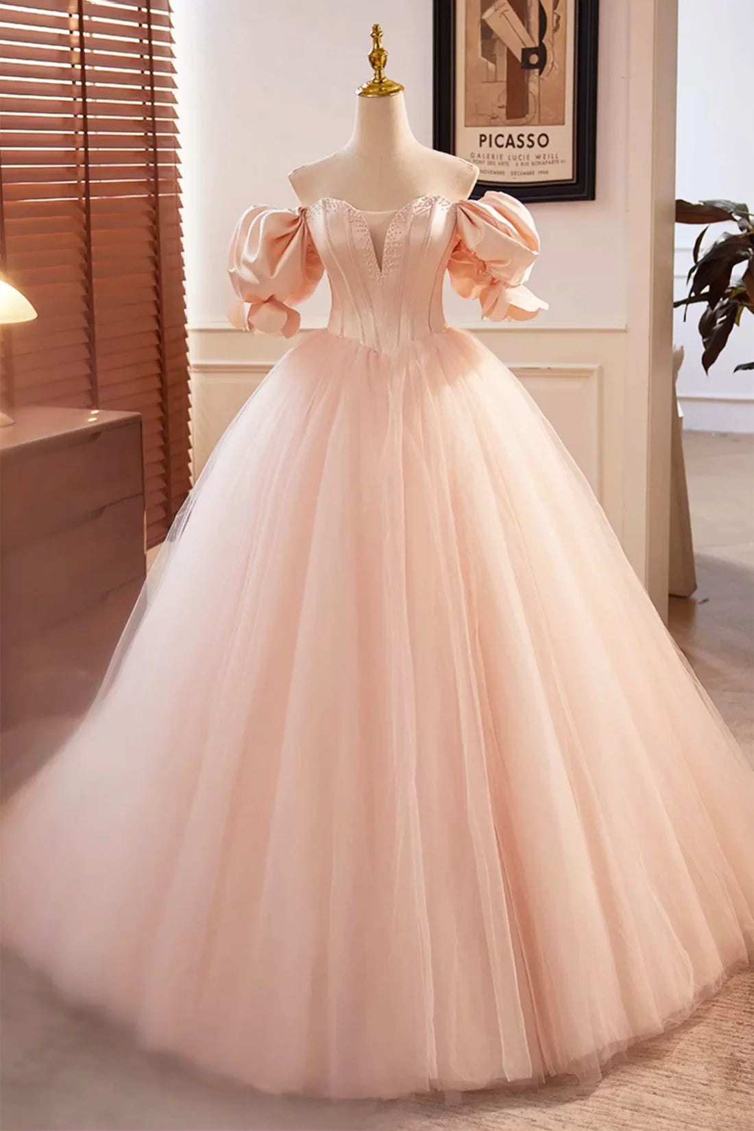 Exclusive Access Blushing Pink Off the Shoulder Puffy Short Sleeve Backless Floor-Length Party Dresses with Corset