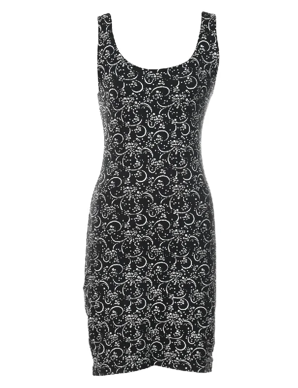 Black Floral Print Bodycon Dress - S