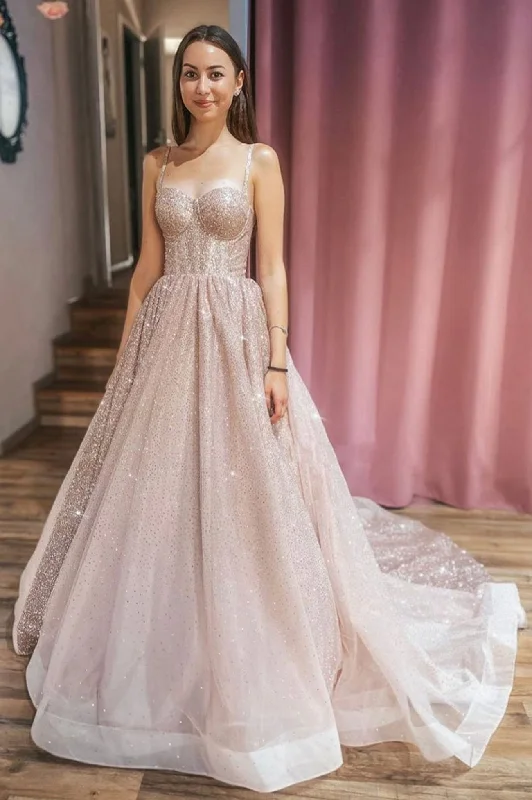 Overstock Shiny Tulle Sequins Long Prom Dress, A-Line Spaghetti Strap Evening Dress Overstock Shiny Tulle Sequins Long Prom Dress, A-Line Spaghetti Strap Evening Dress