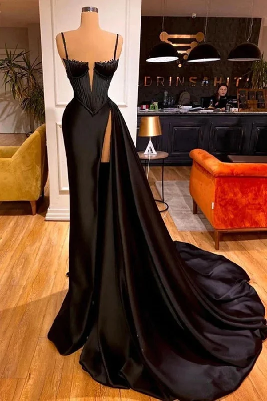 Limited Stock Black Spaghetti Straps Split Chapel Trailing Evening Prom Dresses