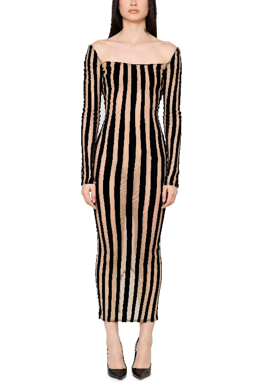 Limited Time Striped Boat Neck Mid Length Gown