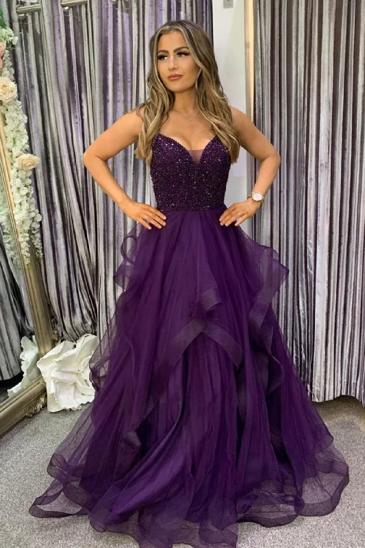 Special Savings Purple Spaghetti Strap Tulle Beaded Long Prom Dress