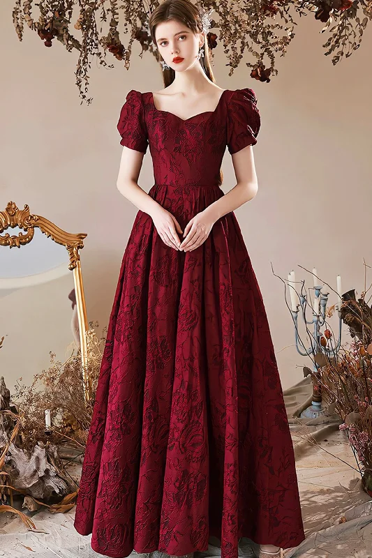 Markdown Madness Elegant Satin Floor Length Prom Dress, Burgundy A-Line Short Sleeve Evening Party Dress Markdown Madness Elegant Satin Floor Length Prom Dress, Burgundy A-Line Short Sleeve Evening Party Dress