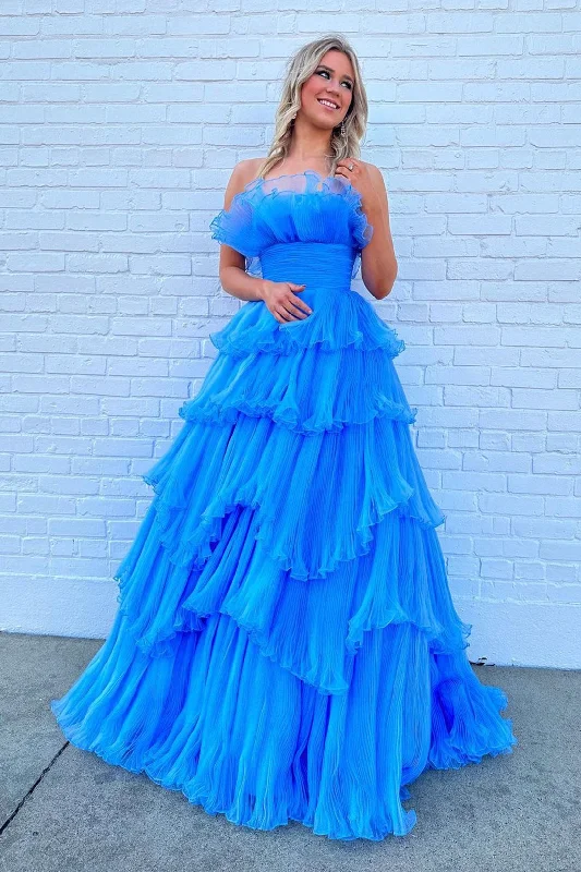 Hurry In A-line Off-the-Shoulder Blue Ruffle Layers Tulle Long Prom Dress