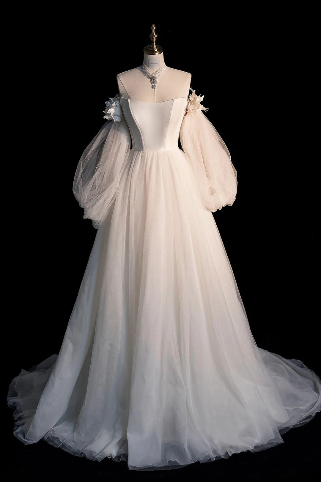 TIME-Limited Offer Champagne Tulle Long A-Line Prom Dress, Off the Shoulder Long Sleeve Tulle Party Dress