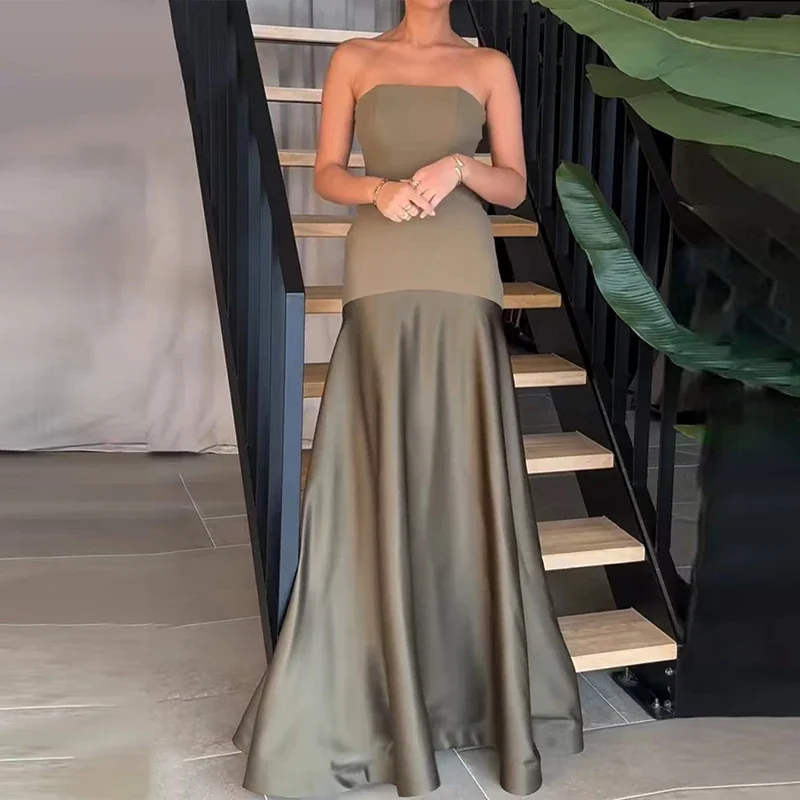 Deal Mania draped dressWomen Sexy Off Shoulder Bustier Bodycon Dress Summer Casual Sleeveelss Solid Long Dress 2024 Elegant Patchwork Waist Party Dress