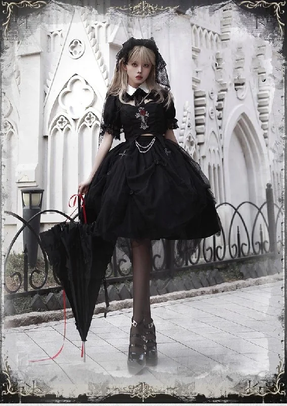 Markdowns one-shoulder dressWith PUJI~Evil Flower~Gothic Lolita Skirt Set Rose Embroidered Hollow Out Blouse