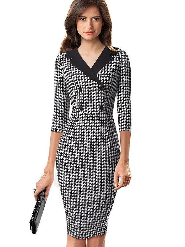 BerriesJam - Vintage Houndstooth Patchwork Office Work Vestido