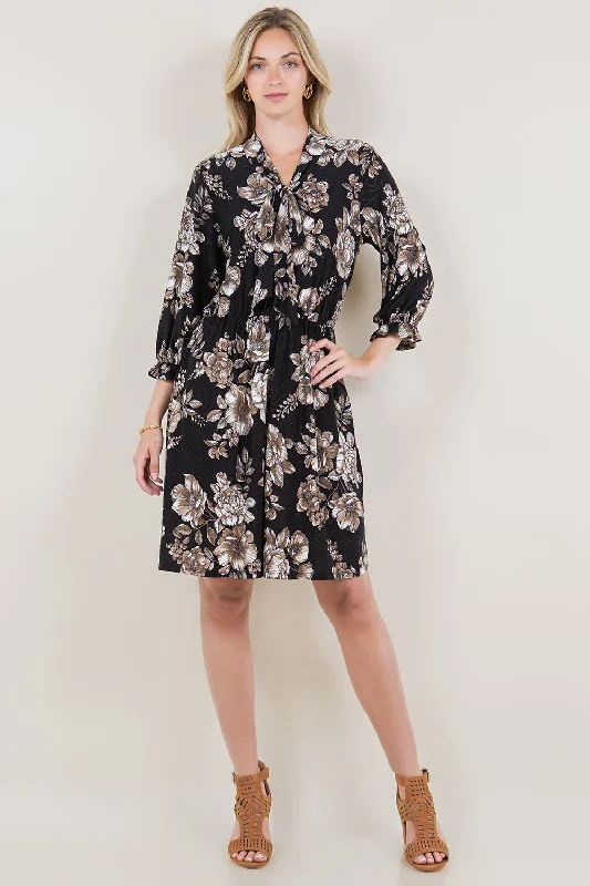 Great Deals mini dress3/4 BALLOON SLEEVE ELASTIC WAIST DRESS W NECK TIE - D2655-3Q-A1625