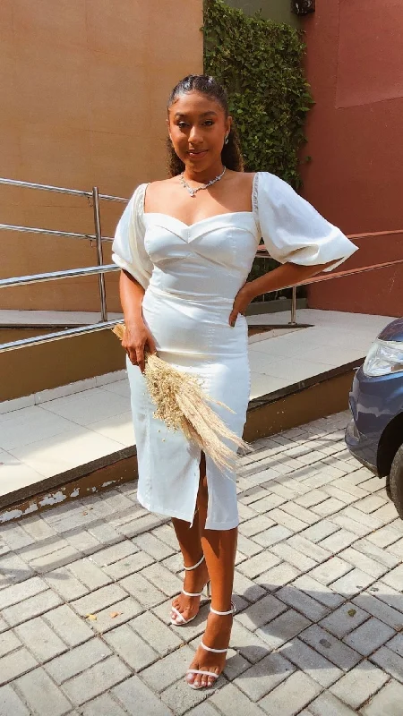 Online Only ruched dressWhite Sheath Midi-length Prom Dress,White Wedding Guest Dress Y5192 Online Only ruched dressWhite Sheath Midi-length Prom Dress,White Wedding Guest Dress Y5192